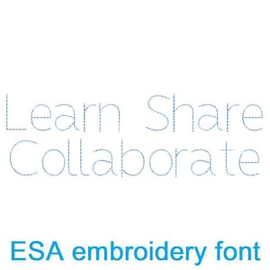 May include: A white background with the text "Learn Share Collaborate" in a blue dotted font. Below the text is the phrase "ESA embroidery font" in blue text.