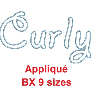 May include: A blue embroidered applique design of the word "Curly" in a cursive font. The text "Appliqué BX 9 sizes" is below the design.
