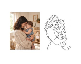 Custom Mother Baby Line Art Portrait, Minimalist Digital Drawing (Digital Download)