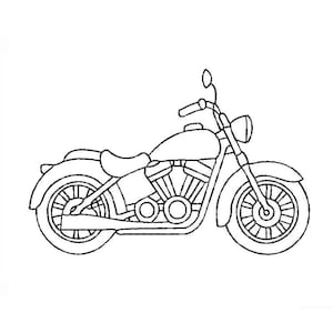 Könnte beinhalten: Eine Schwarzweiß-Zeichnung eines Motorrads. Das Motorrad hat ein großes Vorderrad und ein kleineres Hinterrad. Das Motorrad hat einen Sitz und einen Lenker.