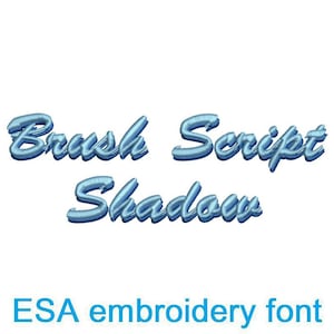 May include: A white background with the words "Brush Script Shadow" in light blue, stylized script font. Below the text is the phrase "ESA embroidery font". The font appears to be an embroidery design.