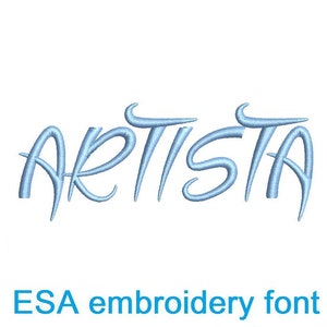 May include: A blue embroidered font that says "ARTISTA" in a stylized script. The font is designed for embroidery and is available for purchase.