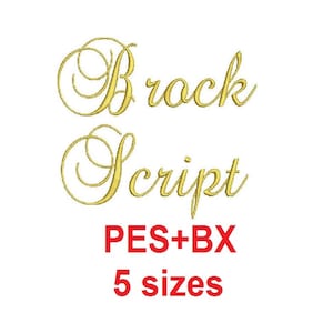 May include: Gold embroidery font design called "Brock Script" in five sizes, available in PES and BX formats.