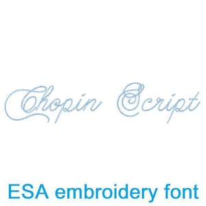 May include: The image shows the words "Chopin Script" in a light blue, cursive font, made up of small dots. Beneath this, the text "ESA embroidery font" is written in a sans-serif font, also light blue, against a white background.
