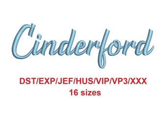 May include: Cinderford embroidery design in a light blue colour. The design is available in 16 sizes and in the following formats: DST, EXP, JEF, HUS, VIP, VP3, and XXX.