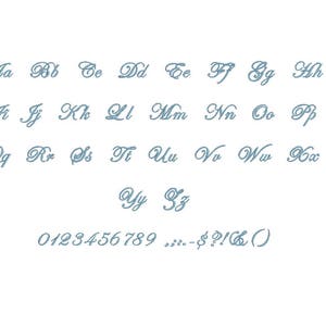 May include: A blue cursive font alphabet with lowercase letters, numbers, and punctuation marks. The letters are stylized with a flourish.