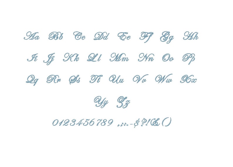 May include: A blue cursive font alphabet with lowercase letters, numbers, and punctuation marks. The letters are stylized with a flourish.
