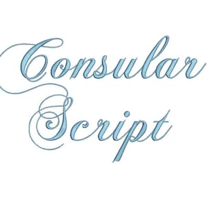 May include: Light blue embroidered text on a white background. The text reads "Consular Script" in a flowing, elegant script font. The letters are detailed with subtle shading.