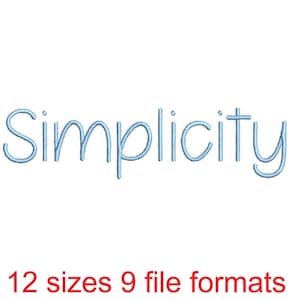 Puede incluir: Un diseño bordado en azul de la palabra "Simplicity" sobre un fondo blanco. El texto está en una fuente simple y manuscrita.