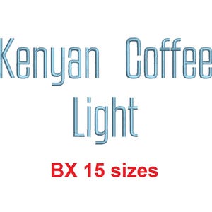 Könnte beinhalten: Hellblauer Text auf weißem Hintergrund lautet "Kenyan Coffee Light" und "BX 15 Größen".