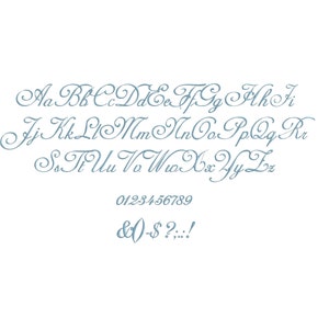 May include: A blue cursive font alphabet with uppercase and lowercase letters, numbers 0-9, and symbols including ampersand, zero, hyphen, dollar sign, question mark, period, and exclamation point.
