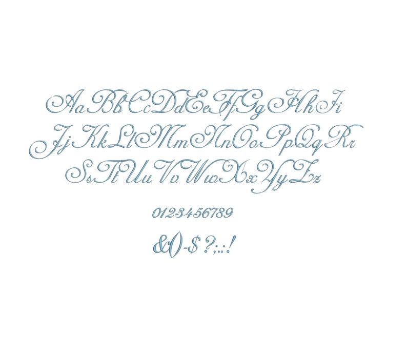 May include: A blue cursive font alphabet with uppercase and lowercase letters, numbers 0-9, and symbols including ampersand, zero, hyphen, dollar sign, question mark, period, and exclamation point.