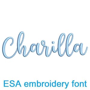 May include: A light blue embroidered script font spelling "Charilla" on a white background. Below the name, the text "ESA embroidery font" is displayed in a darker blue colour.