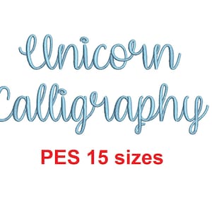 May include: Blue cursive text that reads "Unicorn Calligraphy" with the words "PES 15 sizes" in red below.