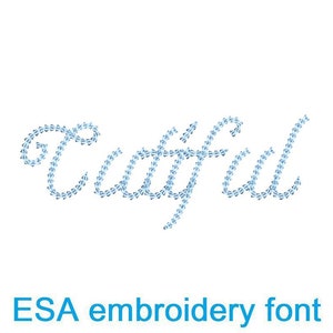 May include: The word "Caffful" is written in a cursive font, composed of small, light blue decorative elements, set against a white background. Below, the text "ESA embroidery font" is displayed in a matching blue color.