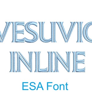 May include: Light blue embroidered text on a white background. The word "VESUVIO" is above "INLINE". Below, the text "ESA Font" is in a matching blue color. The font has a decorative, stylized design.