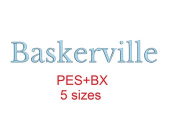 Baskervile embroidery font formats bx (which converts to 17 machine formats), + pes, Sizes 0.50 (1/2), 0.75 (3/4), 1, 1.5 and 2&quot;