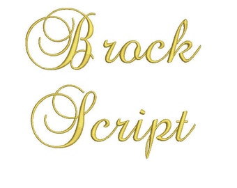 Brock Script embroidery font bx (compatible with 17 machine file formats), dst, exp, pes, jef and xxx, Sizes 1, 1.5, 2 inches