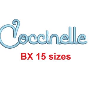 May include: Light blue embroidered text that reads "Coccinelle" in a cursive font. Below the text, the words "BX 15 sizes" are in red.