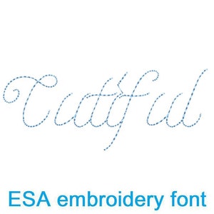 May include: The word "Cutful" is written in a blue and white embroidered font. The font is a cursive script style. The text is on a white background.  ESA embroidery font.