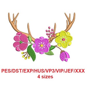 Antlers #3 with flowers machine embroidery hand made design instant download (AVL)