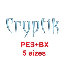 以下が含まれることがあります： スタイリッシュなフォントで「Cryptik」という言葉が青い刺繍でデザインされています。「PES+BX 5サイズ」というテキストがデザインの下にあります。