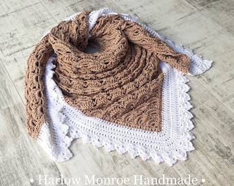 Luxury large shawl triangular scarf soft silky beautiful handmade crochet in mocha & white
