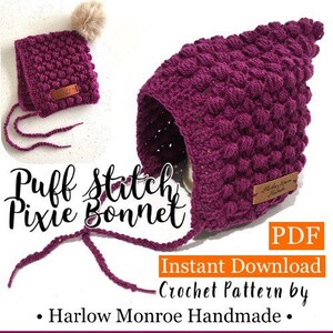 Könnte beinhalten: Eine violette Häkelmütze mit einem Puff-Stich-Muster. Die Mütze hat einen kleinen Bommel oben und Bänder zum Binden unter dem Kinn. Der Text "Puff Stitch Pixie Bonnet" und "PDF Sofort-Download Häkelanleitung von Harlow Monroe Handmade" ist auf dem Bild zu sehen.