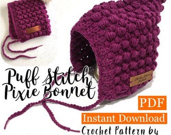 Puff Stitch Pixie Bonnet Crochet Pattern UK & US Version Digital Download PDF File