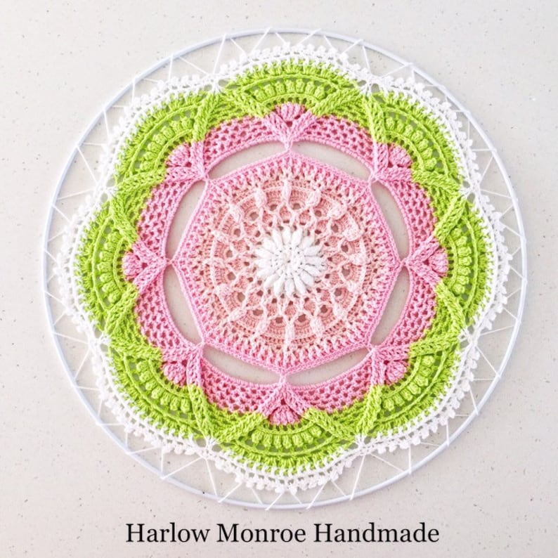 Wall Hanging Large pink lime colour yarn decorative fibre art crochet mandala boho dream catcher