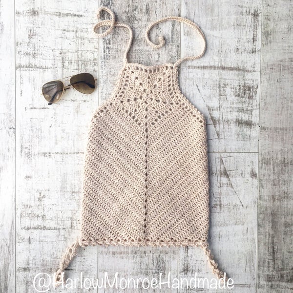 Summer festival crochet halter neck crop top with beautiful star detail and waist ties in cream