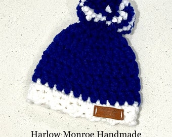 Handmade baby’s Royal blue and white Winter Beanie with pom pom 6 - 12months crochet chunky warm hat