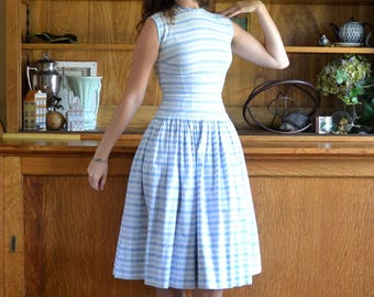 Daydreamer Dress | vintage 50's blue cotton fit and flare dress | dropwaist xs