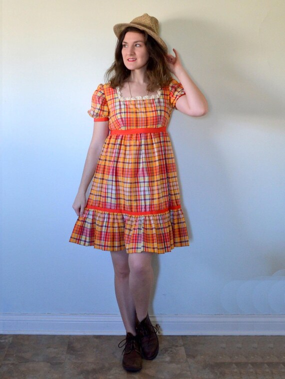 Bohemian Doll Dress | vintage 70's orange yellow … - image 4