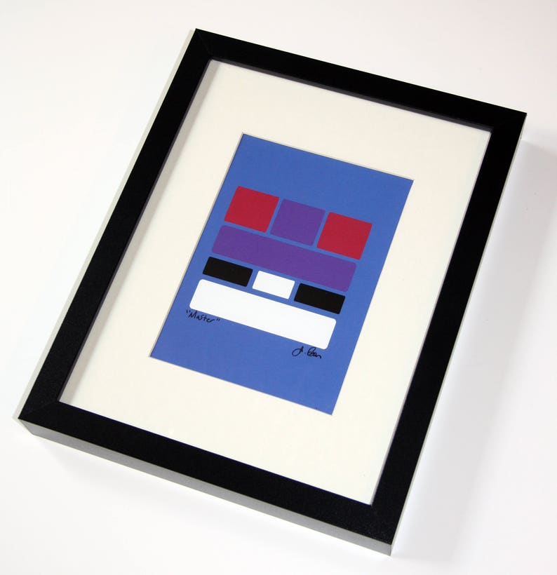 May include: A framed abstract art print with a blue background, red, purple, black, and white geometric shapes. The print is signed "Matter" and "J. Lean".