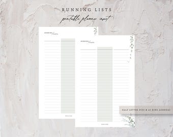 Running Lists Printable Planner Insert: Half Letter + A5 (Digital Download) | Neutral Decorative Floral