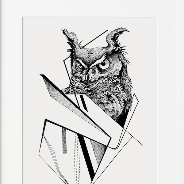Original Stippling artwork | Great horned owl | Wall decor | Dot work | Pointillism | Ink hand drawing on paper | Bird art | Spirit guide