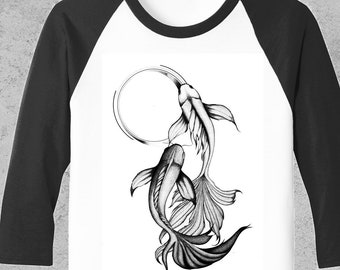 Koi fish Enso circle Graphic Design | Unisex Raglan T-Shirt | 3/4 sleeves | Baseball shirt | Dot work | Tattoo art | Couple artwork | Zuska