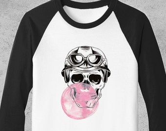 Sugar Skull | Bubble gum | Halloween | Unisex Raglan T-Shirt | 3/4 sleeves | Baseball shirt | Hand painted  Watercolor and ink tee design