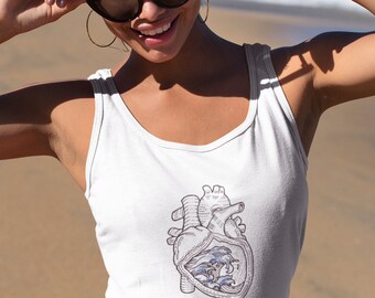 | Ocean Heart American Apparel Fine Jersey Débardeur Unisexe | Style de tatouage | Chemise graphique de plage | | des ondes de stylo et d’encre | cardiaque anatomique