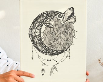 Mandala Mond heulen Wolf | Gerahmte Leinwand | Tier Geist Totem | Tinte Tattoo Design | Geometrische Kunst | Original-Kunstwerk | ZuskaArt