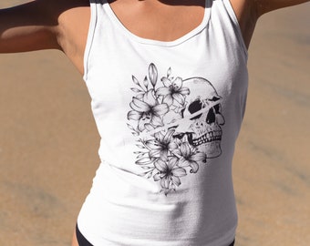 Crâne avec des fleurs  En haut du réservoir Unisex American Apparel (fr) Lily / Lilies - France Calavera - France Art de tatouage d’encre ZuskaArt - France Graphique Tank Top (fr)