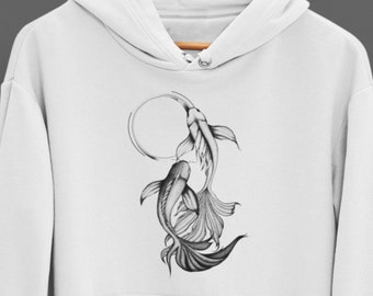 Koi fish couple | Unisex Heavy Hoodie / Hooded Sweatshirt | Feng shui | love dance | Japanese carp | Stippling dot work | Pisces zodiac sign