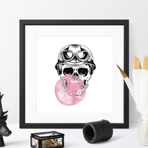 Cráneo de azúcar aviador con globo de goma de mascar / cartel de papel / decoración de arte de pared / tinta y pintura de acuarela / ZuskaArt
