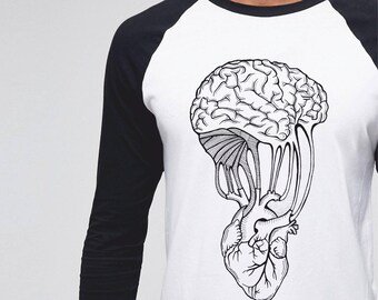 Mind and spirit | Unisex Raglan T-Shirt | 3/4 sleeves | Basketball shirt | Apparel for her / him | Pen and Ink| heart and brain connection