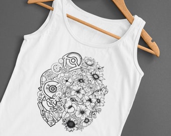 Left Brain Right Brain | American Apparel Fine Jersey Unisex Graphic Tank Top| Tattoo style | Original Artwork | Pen and Ink flowers |