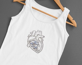 Ocean Heart | American Apparel  Fine Jersey Unisex Tank Top | Tattoo style | Beach graphic shirt | Pen and Ink Waves | Anatomical Heart |