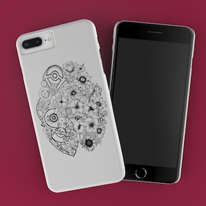 Left Brain Right Brain | Iphone / Samsung case | Ink tattoo drawing | Phone accessory | Flowers and gears | Anatomical brain Gift | ZuskaArt