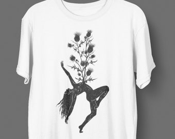 Thistle heart | Unisex T-Shirt | Linocut drawing | Botanical graphic | Sexy erotic woman | Hand drawn naked ballerina | Dancer Illustration