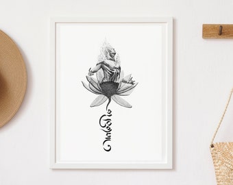 Breathe | Archival Paper poster | Wall decor | Lotus flower | Sanskrit typography | Yoga asana | Meditation | Indian Tibetan | Stippling art